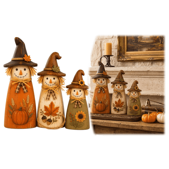 Vintage Wooden Scarecrow Fall Decor Set, Set of 3 Wooden Scarecrow Ornaments with Fall Colors, Farmhouse Decor for Entryway Coffee Table
