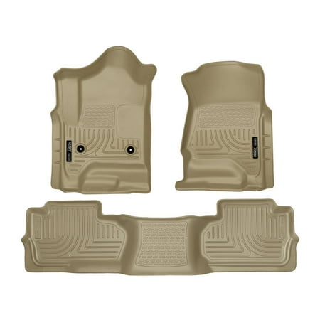 Husky Liners Weatherbeater Floor Mats | Fits 2014 - 2018 Chevrolet Silverado 1500 & GMC Sierra 1500; 2015-2019 Silverado/Sierra 2500/3500 Double Cab (Footwell Cvg) | Front & 2nd Row, 3-pc Tan - 98243
