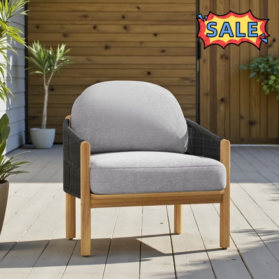 Tcbosik 2 Pack Club Chairs with Cushion for Outdoor, Armchair with Woven Rope and Wood Frame for Porch, Garden, Balcony, Backyard, Gray & Teak