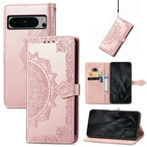 Allytechgroup for Google Pixel 9A Case for Girls Women, Flip Folio Manadala Embossed Shockproof Hand Wrist Bumper Girly Cards Slots Wallet Case for Google Pixel 9A, Rosegold