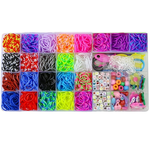 32-Grid DIY Rainbow Rubber Band Braiding Loom Set for Kids - 1500 Elastic Bands, 80 Letter Beads, 20 Cylinder Beads, 10 Fruit Beads, 48 S-Clasps, 2 Slingshots, 2 Crochet Hooks & English Manual for