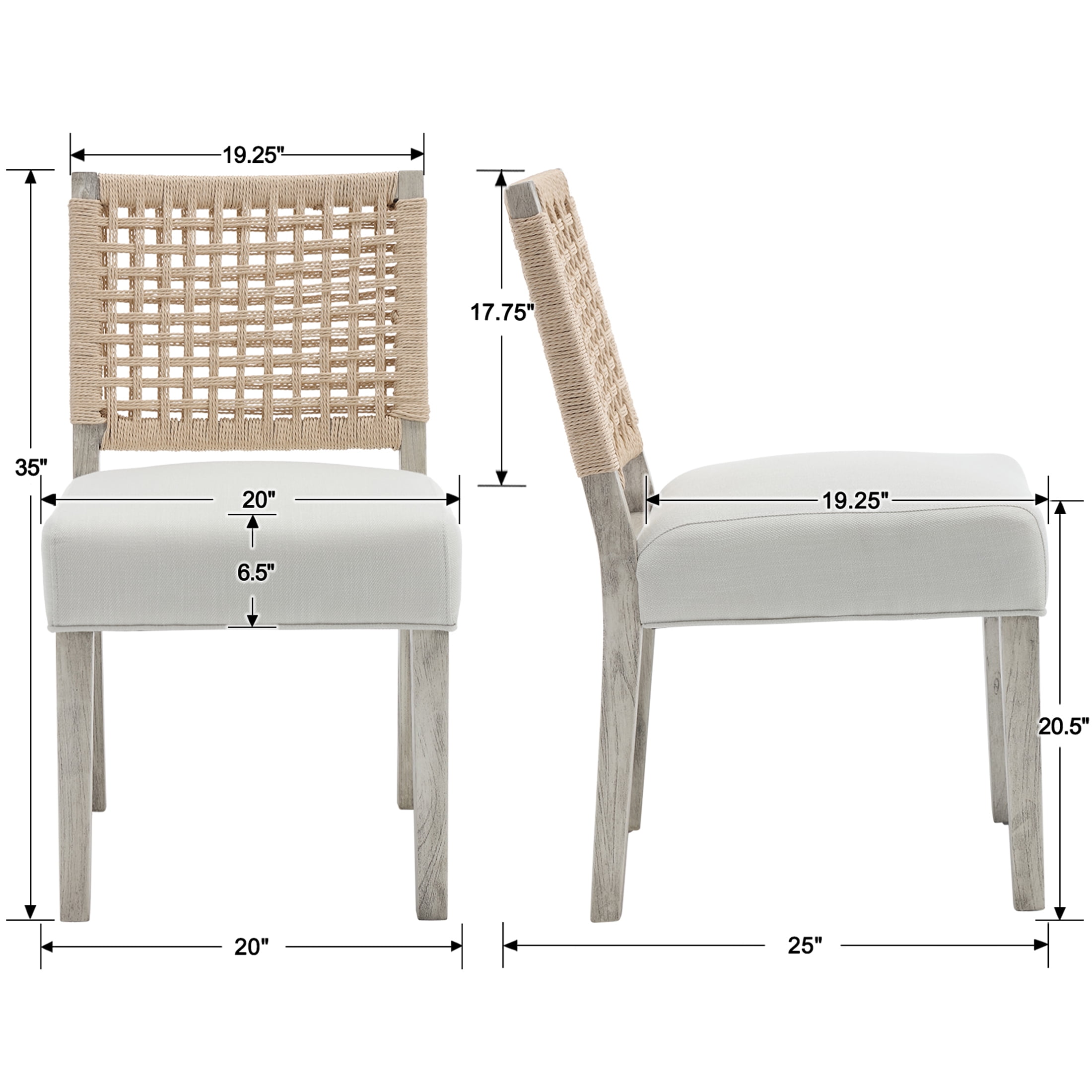 Guyou Farmhouse Dining Chairs Set of 2, Linen Upholstered Kitchen Chairs with Woven Rope Backrest, Mid Century Modern Solid Wood Side Chairs for Kitchen Dining Room, Ivory