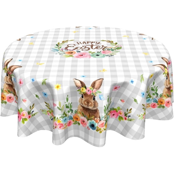 Happy Easter Wreath Table Cloth Round Colorful Flowers Grey White Buffalo Plaid Rabbit Tablecloth 60 Inch Decor Washable Stain and Wrinkle Spring Floral Round Table Cover for Dining Picnic