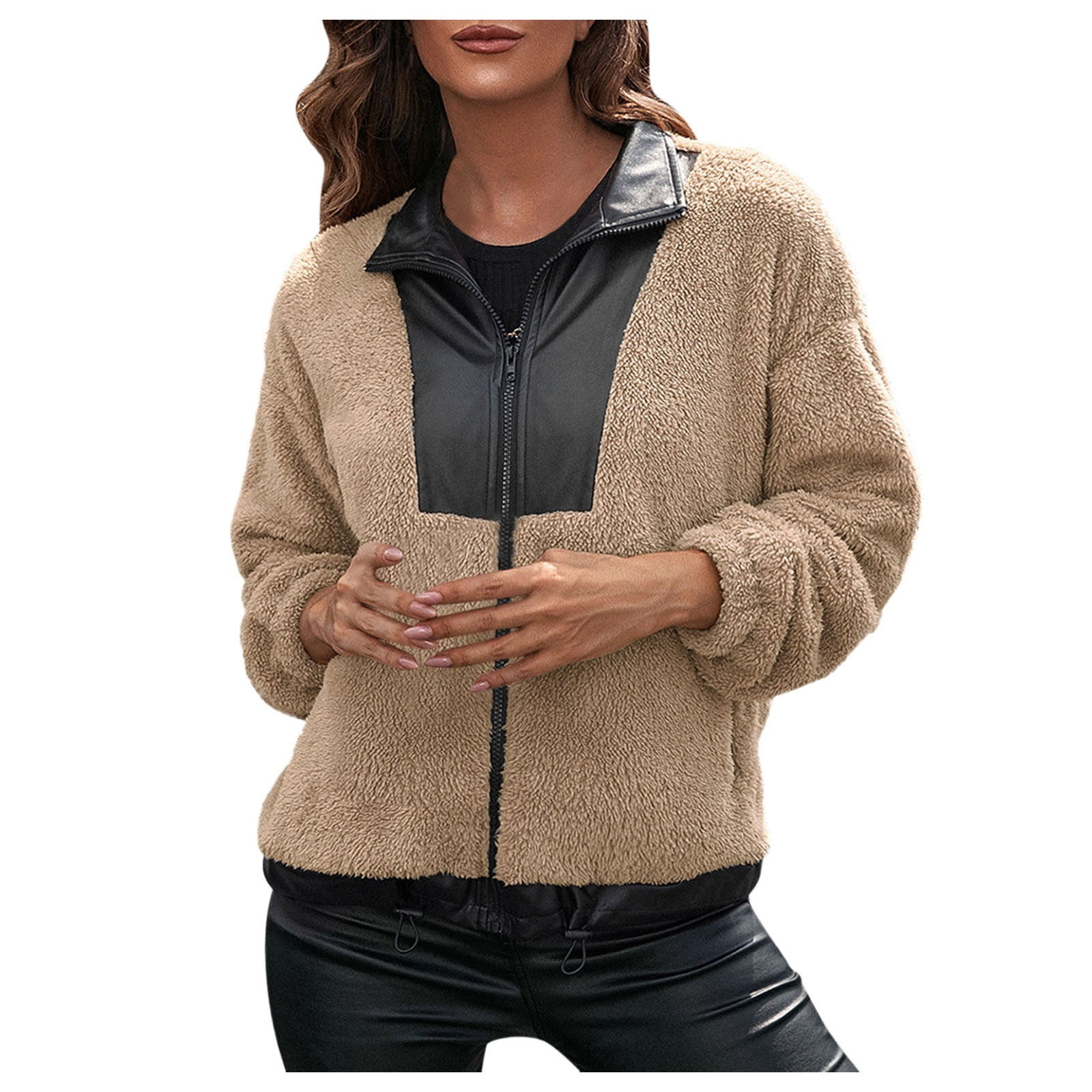 Fashion plus Size Women Casual Work Outfits for Women Women's Leather  Stitching Stand-up Collar Jacket Double-sided Plush Zipper Coat Summer  Jacket for Women - Walmart.com
