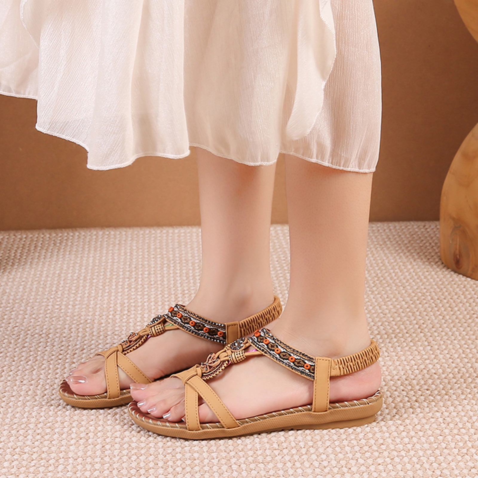 Women's sandals open toe bohemian flat style with enhanced arch support non-slip traction lasting comfortable wear sandals women designed for summer beach vacations excursions leisure,Yellow 35