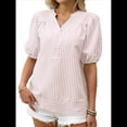 thumbnail image 1 of Blusa de Rayas con Mangas Abullonadas para Mujer, Cuello en V, Corte Holgado, Informal, para Verano, para el Trabajo, Camisa A Rayas Rosa XL, 1 of 8