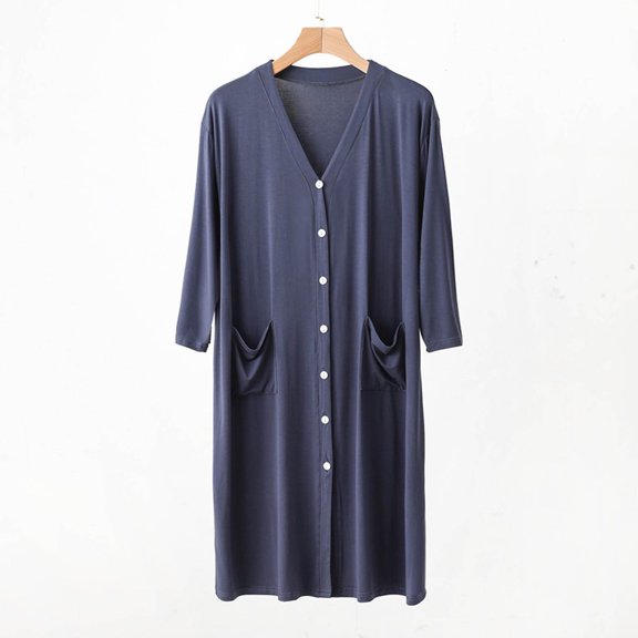 Blmnix Button Down Nightgown Nightgowns for Women Bamboo Nightgowns Nightshirts Sleep Dress Below-the-Knee 3/4 Sleeve V-Neck Gray Mumu Nightgown for Women