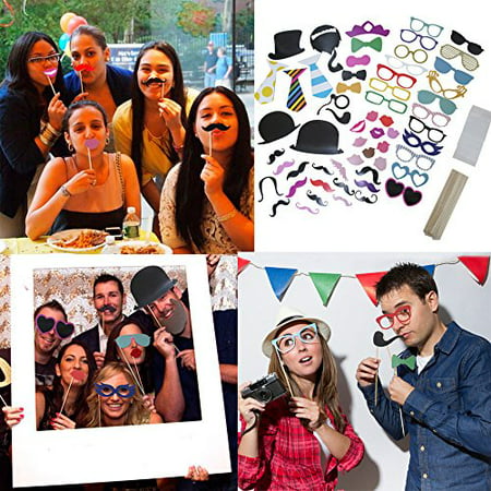 58 Piece Photo Booth Props DIY Kit Party Favor Dress Up Accessories For Parties, Weddings, Reunions, Birthdays, Bridal Showers. Costumes With Hats, Lips, Mustache, Glasses, Bows And More On