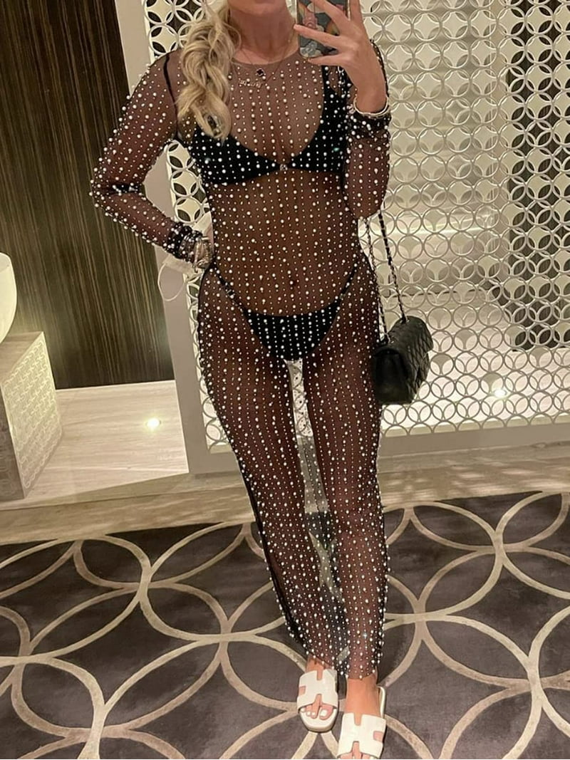 Honganda Sexy Women's Sheer Mesh Pearl Rhinestone Cover Up Dress Beach  Swimwear Bikini Bathing Suit Coverups - Walmart.com
