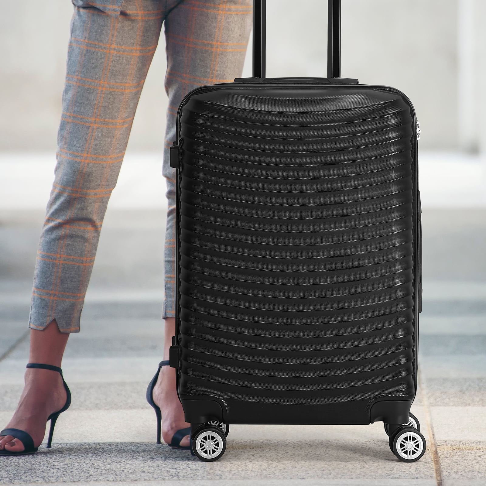 Horizontal Stripe Luggage ABS 3-Piece Set (20"+24"+28") Black