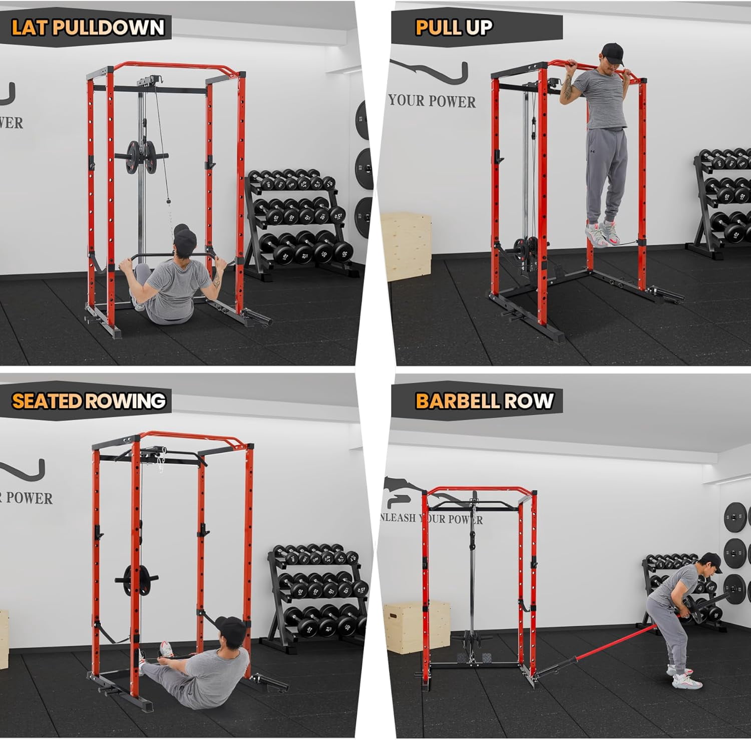 Hetoy 1600 Lbs Power Rack for Home Gym Squat Rack with Cable Pulley System & LAT Pull Down Workout Cage Strength Training Weight Cage with Dip Bar & J Hooks for Multiple Exercises,Red