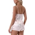 thumbnail image 3 of Womens Satin Pajamas Set Short Sleeveless Sleepwear Flower Printed Gold Lace Sexy Lingerie Camisole Shorts Set Nightwear M Pink, 3 of 6