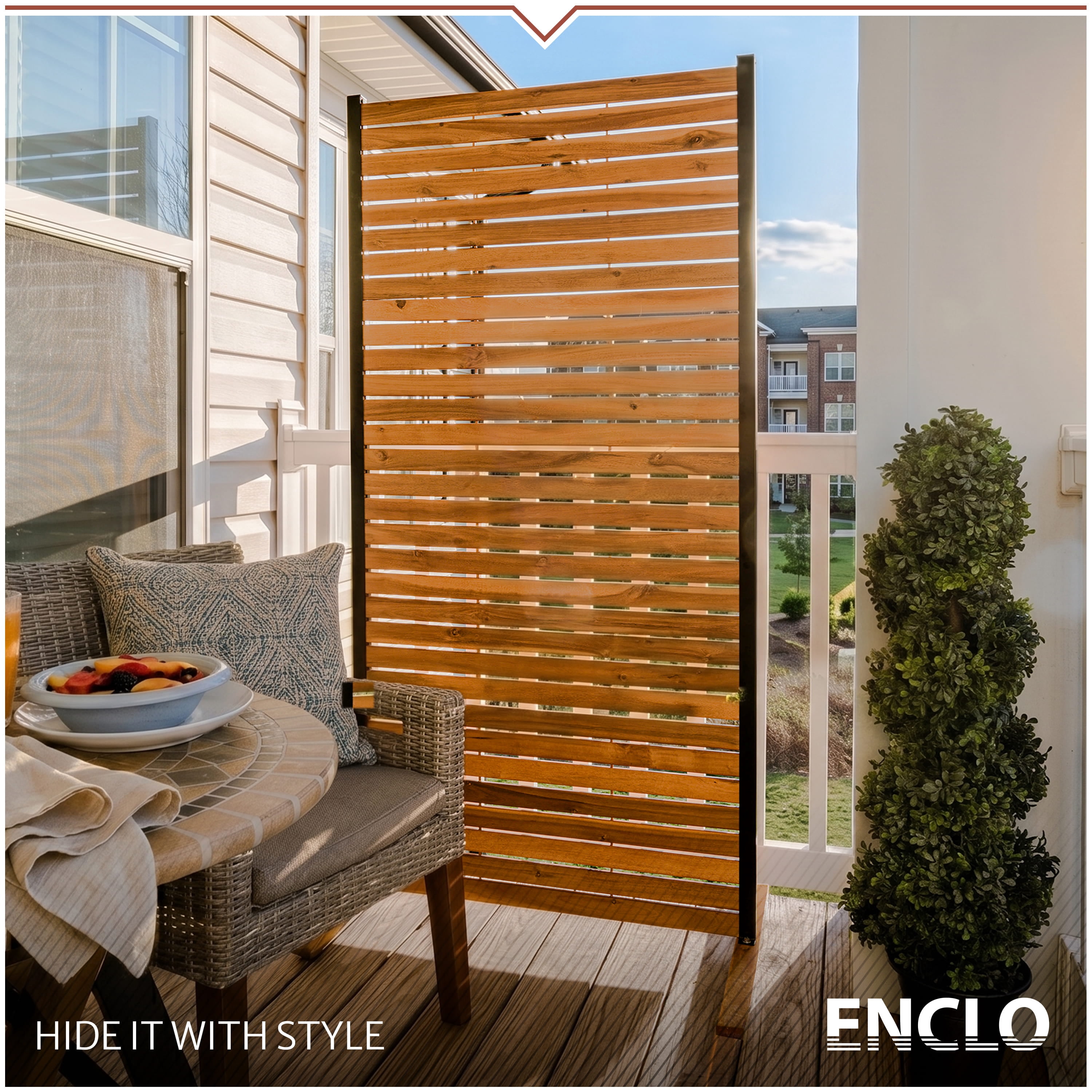 6ft H x 3ft W Freestanding Outdoor Privacy Screen, Enclo Wood Slat Privacy Panel with Steel Frame, Patio Screen Divider or Room Partition for Deck Balcony Indoor Outdoor EC18052