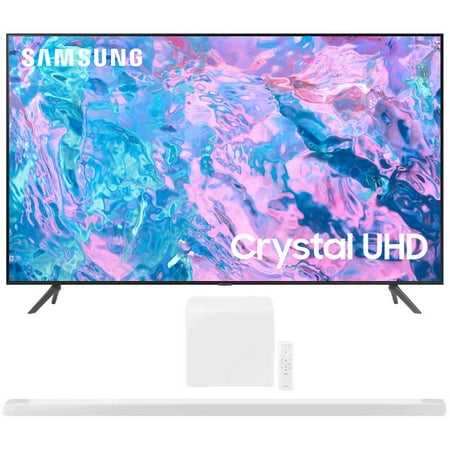 Samsung UN58CU7000FXZA 58 inch Crystal UHD 4K Smart TV 2023 Bundle with Samsung 3.1.2ch Soundbar with Wireless Dolby Atmos / DTS:X White 2022