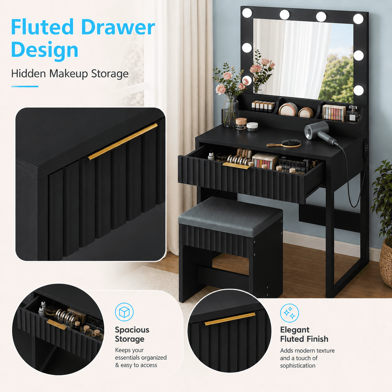Ktaxon Flutted Makeup Vanity Table w/Stool, Dressing Desk with Charging Station, For Femal Gift, Black