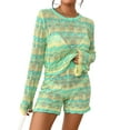 thumbnail image 1 of FOCUSNORM Ensemble de Vêtements pour Femmes 2 Pcs Shorts d'Automne Rayures Patchwork Col Rond Manches Longues Pull Hauts Tricotés Shorts, 1 of 8