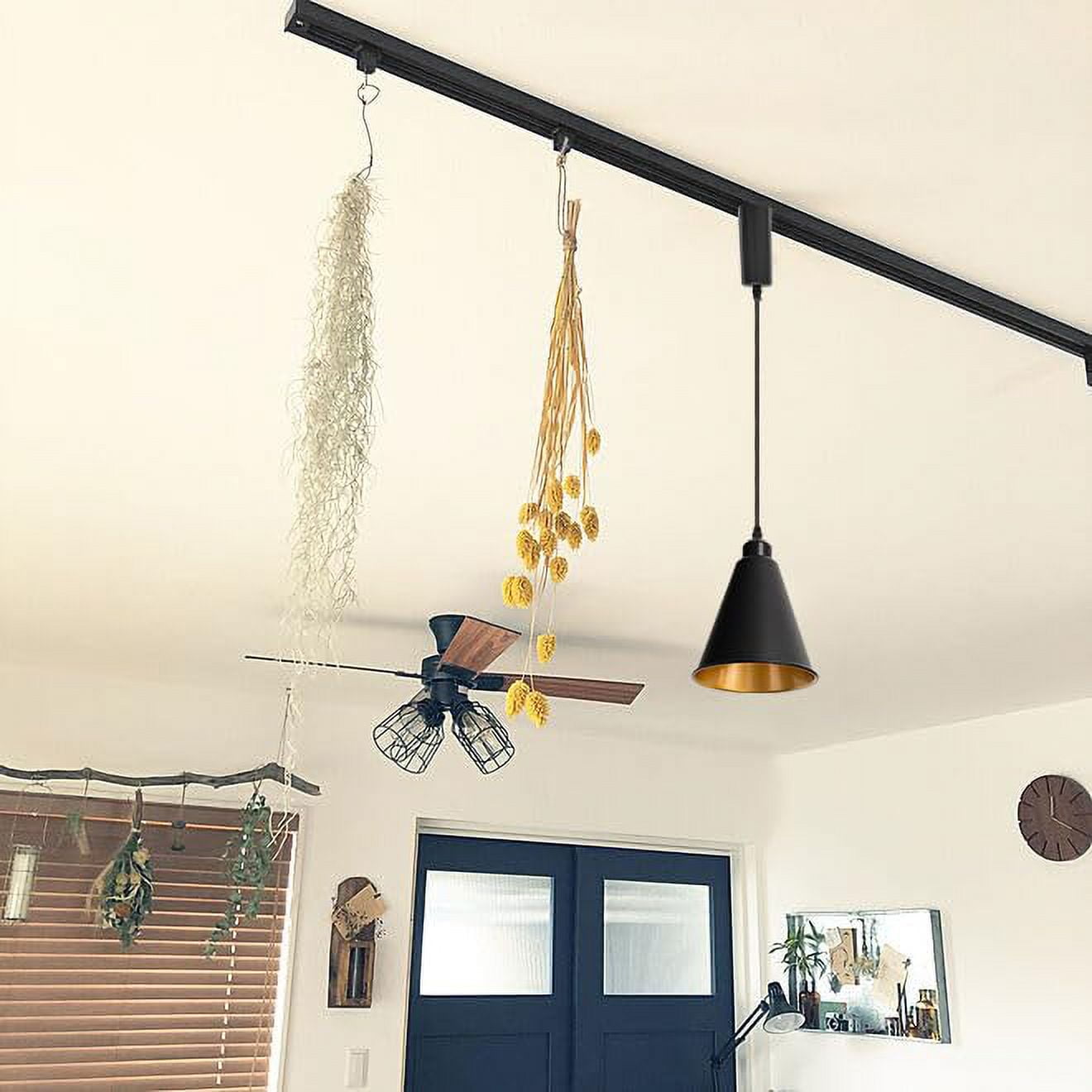 KAYYELAMP Black Metal Cone Shade Inner Gold Track Lighting H-Type 39.3 Inches Woven Black Adjusted Cord Remote RGB Warm Light Vintage Track Lamp for Kitchen Dining Table Loft