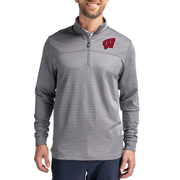 Men's-Cutter & Buck  Gray Wisconsin Badgers Traverse Stretch Eco Stripe DryTec Tri-Blend Quarter-Zip Pullover
