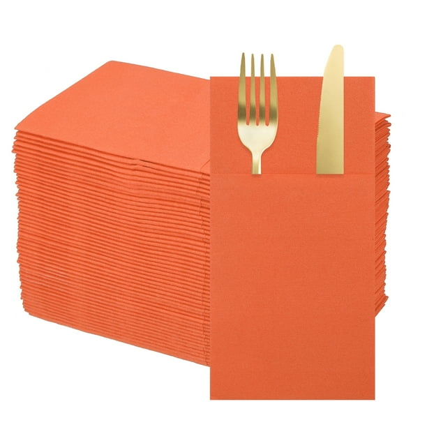 100 Pcs Servilletas Desechables con Sensación de Lino y Bolsillos para Cubiertos Incorporados, Servilletas de Papel para Cuchillo y Tenedor Naranja Brillante