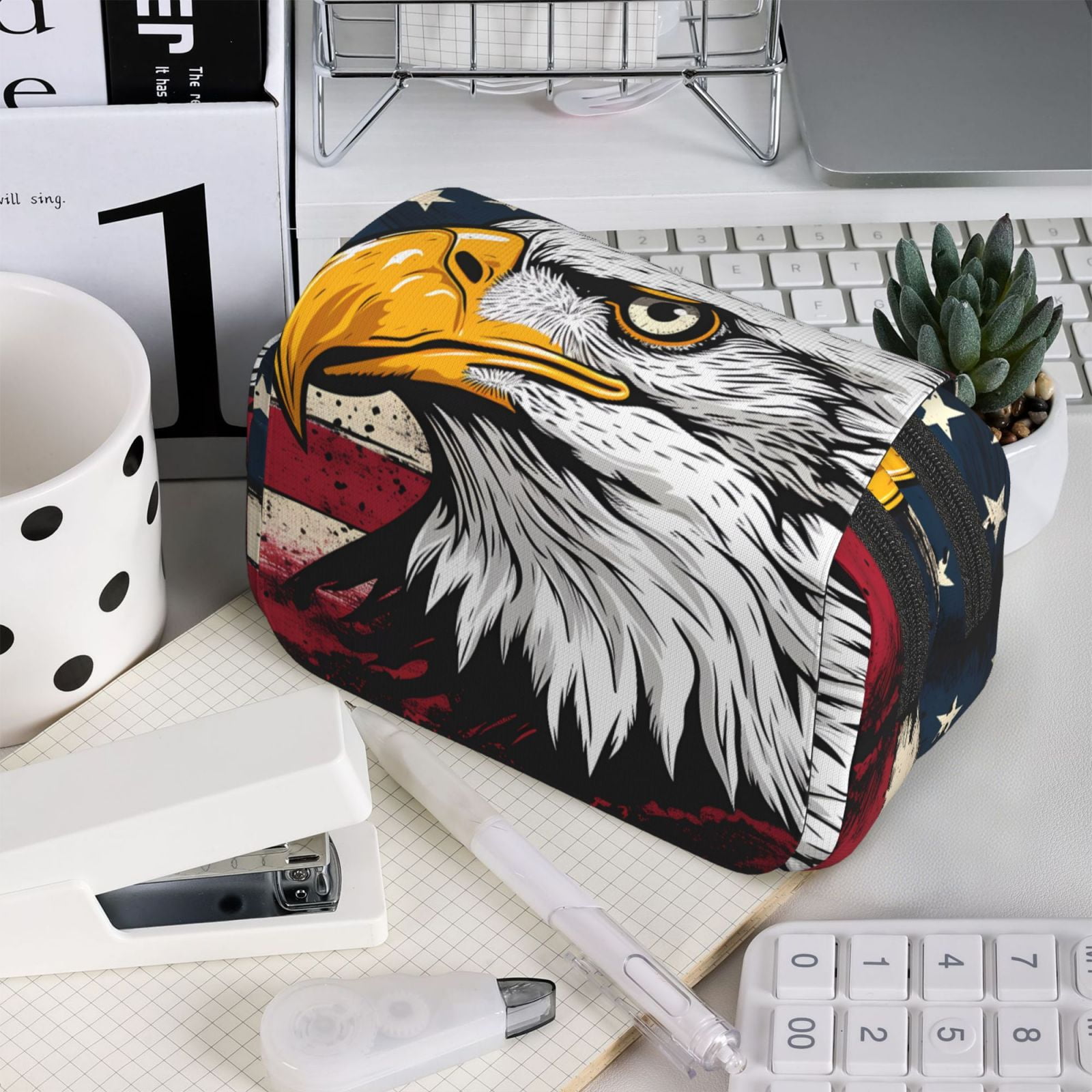 Rateoe American Bald Eagle Pattern Double Clamshell Pen Case, Storage Organizer with Two Zipper Compartments– Holds Up to 50 Pencils & Pens