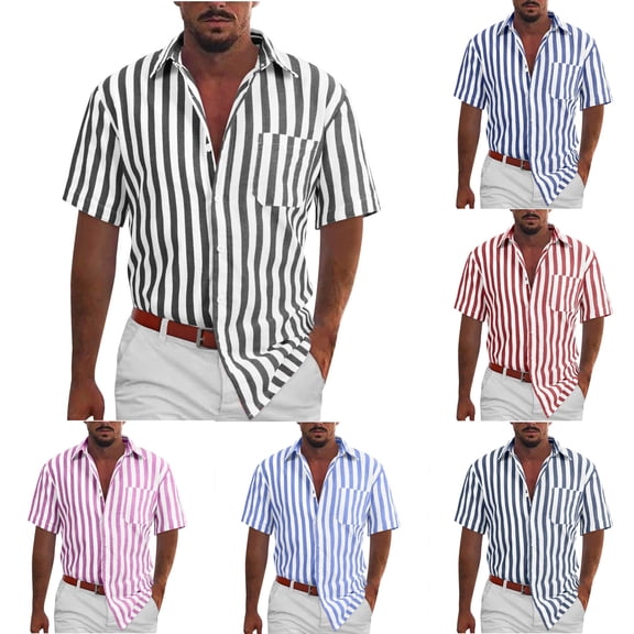 Men's Casual Short Sleeve Button Down Striped Shirt Regular Fit Beach Yoga Work Fashion Shirts for Men with pockets