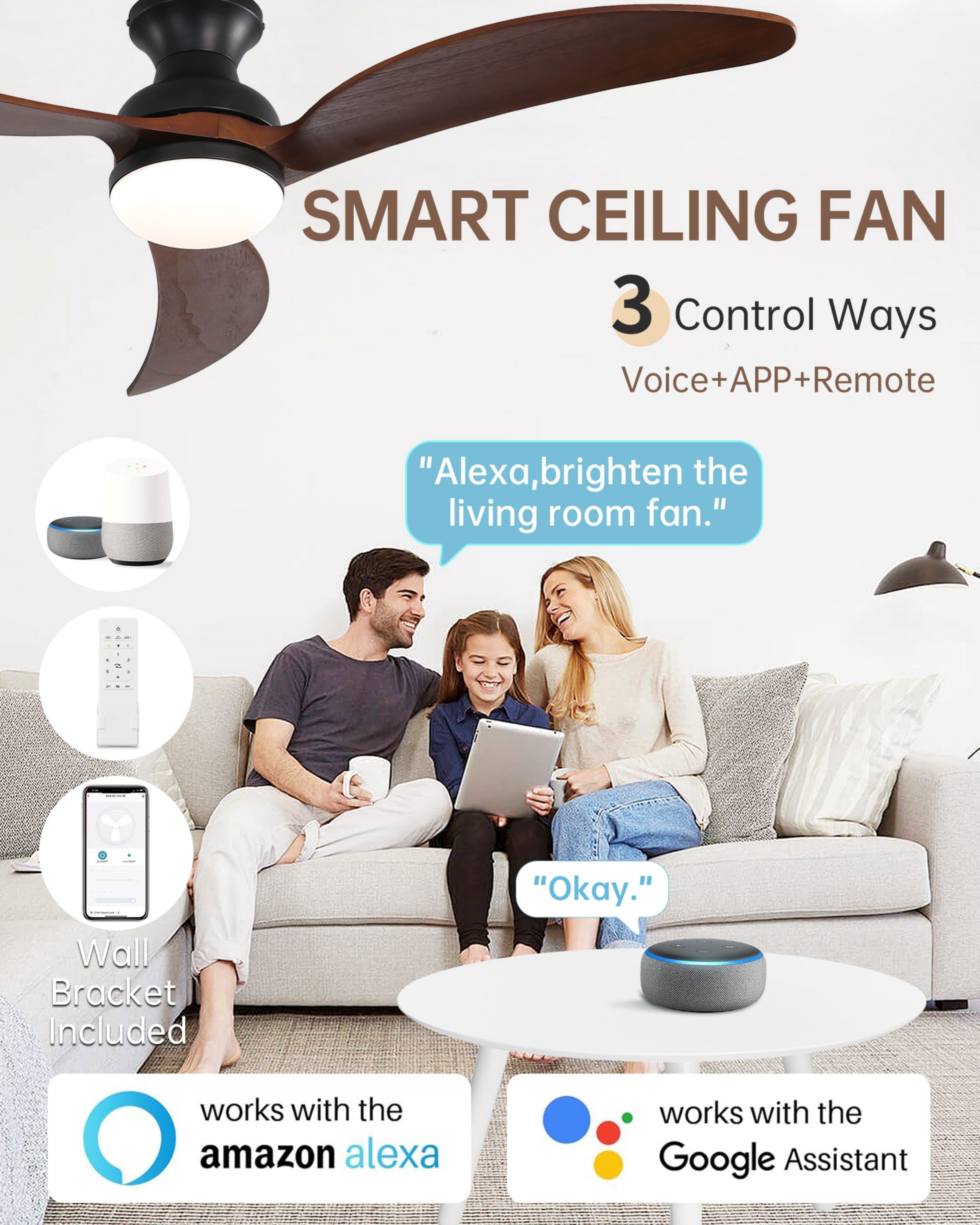 Sofucor 52" Flush Mount Ceiling Fan with LED Lights and Remote Control, Modern