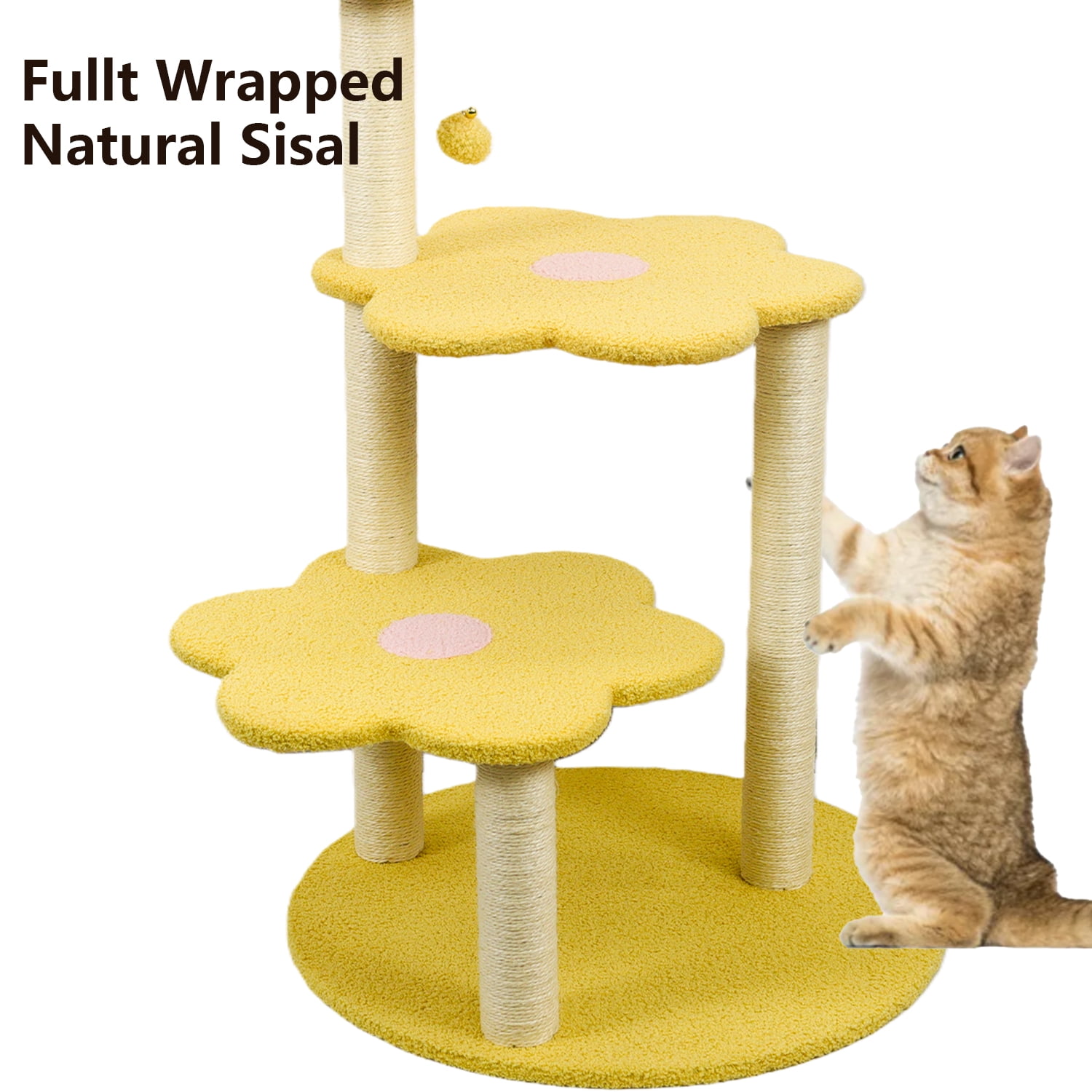Daisy Flower Cat Tree, 3-Tier, Plush Perches, Sisal Scratching Posts, Yellow Color, 26" Base