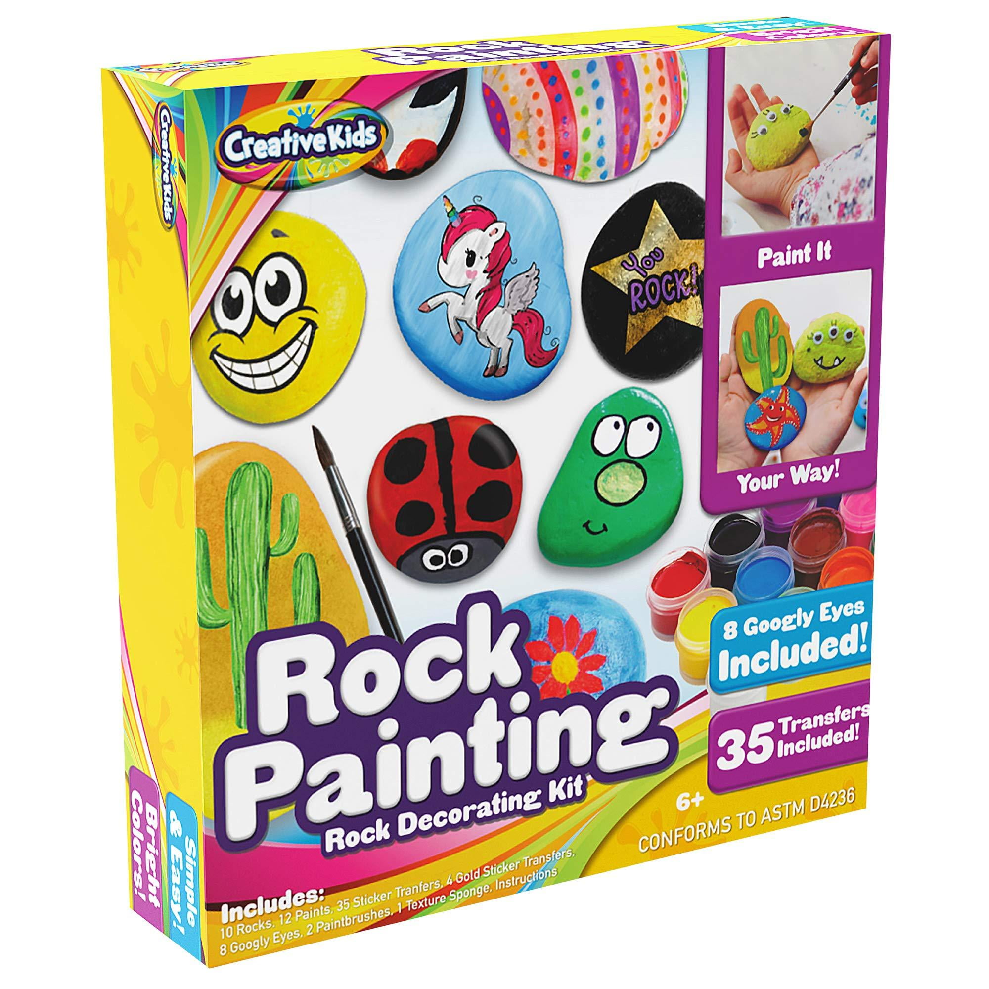 Rock Painting Outdoor Activity Kit for Kids DIY Art Set w/ 10 Hide and Seek Stones, 12 Acrylic