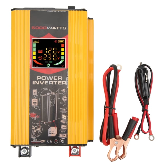 Inversor solar de onda sinusoidal modificada de 12 V a 220 V, puerto USB para automóviles, pantalla LCD amarilla