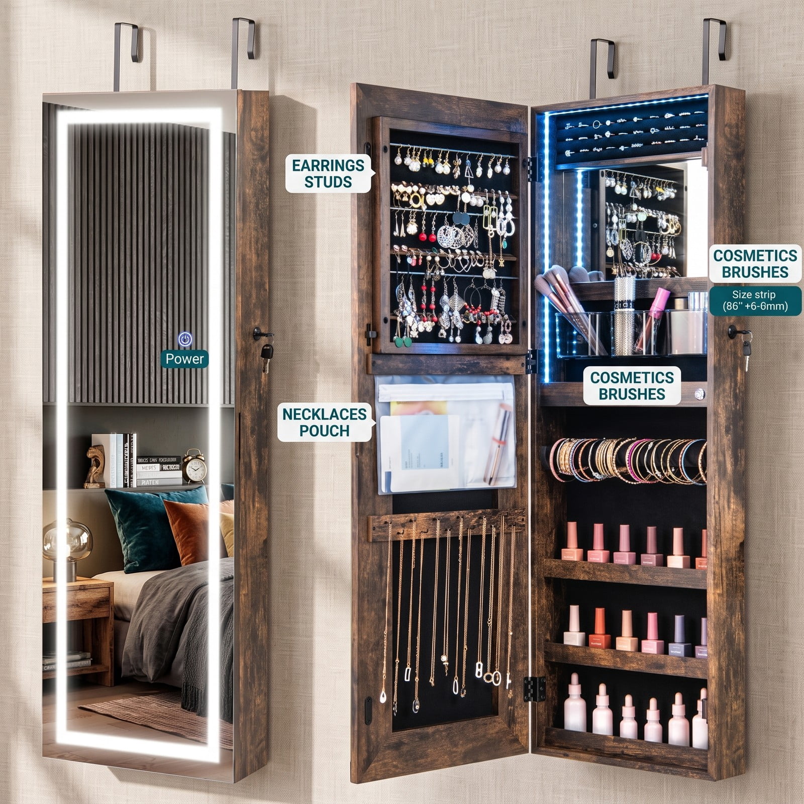 Furnibear 42.5 Inch Lockable Wall and Door Mounted Jewelry Cabinet with Full-Length Mirror and 3-Color LED Lights, Rustic Brown