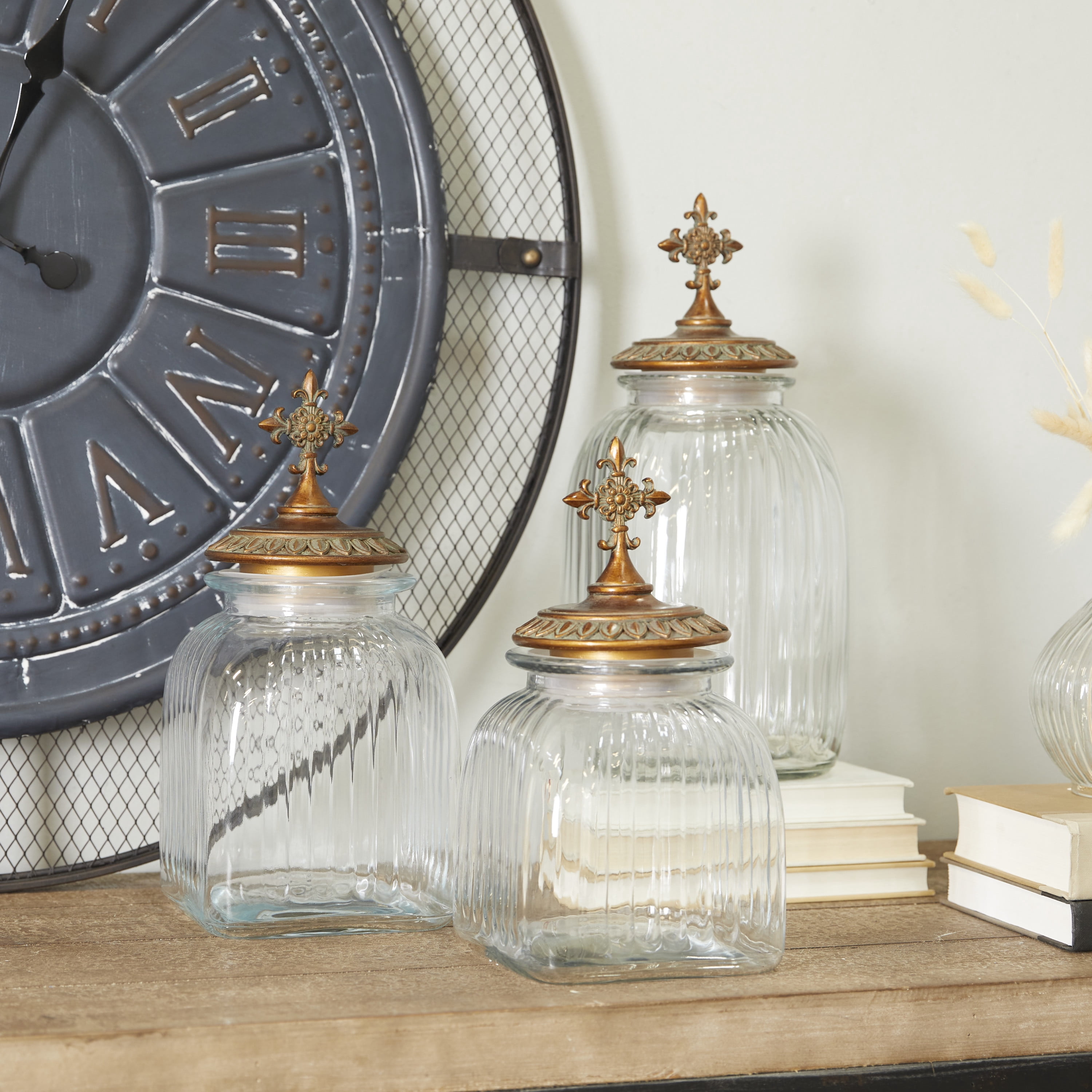 DecMode 15", 13", 11"H Clear Glass Biblical Decorative Jars with Cross Lids, 3-Pieces