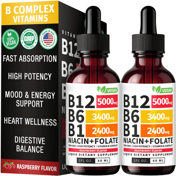 (2 Pack) Vitamin B12 and B6 Liquid Drops, B12 Sublingual Vitamin B Complex - B 12 Vitamin 5000mcg - B12 Methylcobalamin for Energy, Brain, and Heart Support with 27,200 mcg, Raspberry, 80 Servings