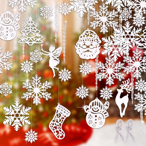 Ayieyill Christmas Tree Decoration Snowflake Ornaments - 46pcs White Glitter Christmas Snowflake Tree Hanging Ornaments for Xmas Holiday New Year Party Winter Wonderland Decorations