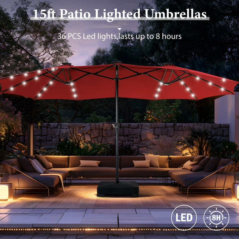 giant smart living burgundy patio umbrella 15FT Large with Heavy Duty Rolling Base Plainsity resistant and adept at blocking out 99% of UV rays Alpha Joy 15ft Extra Large
