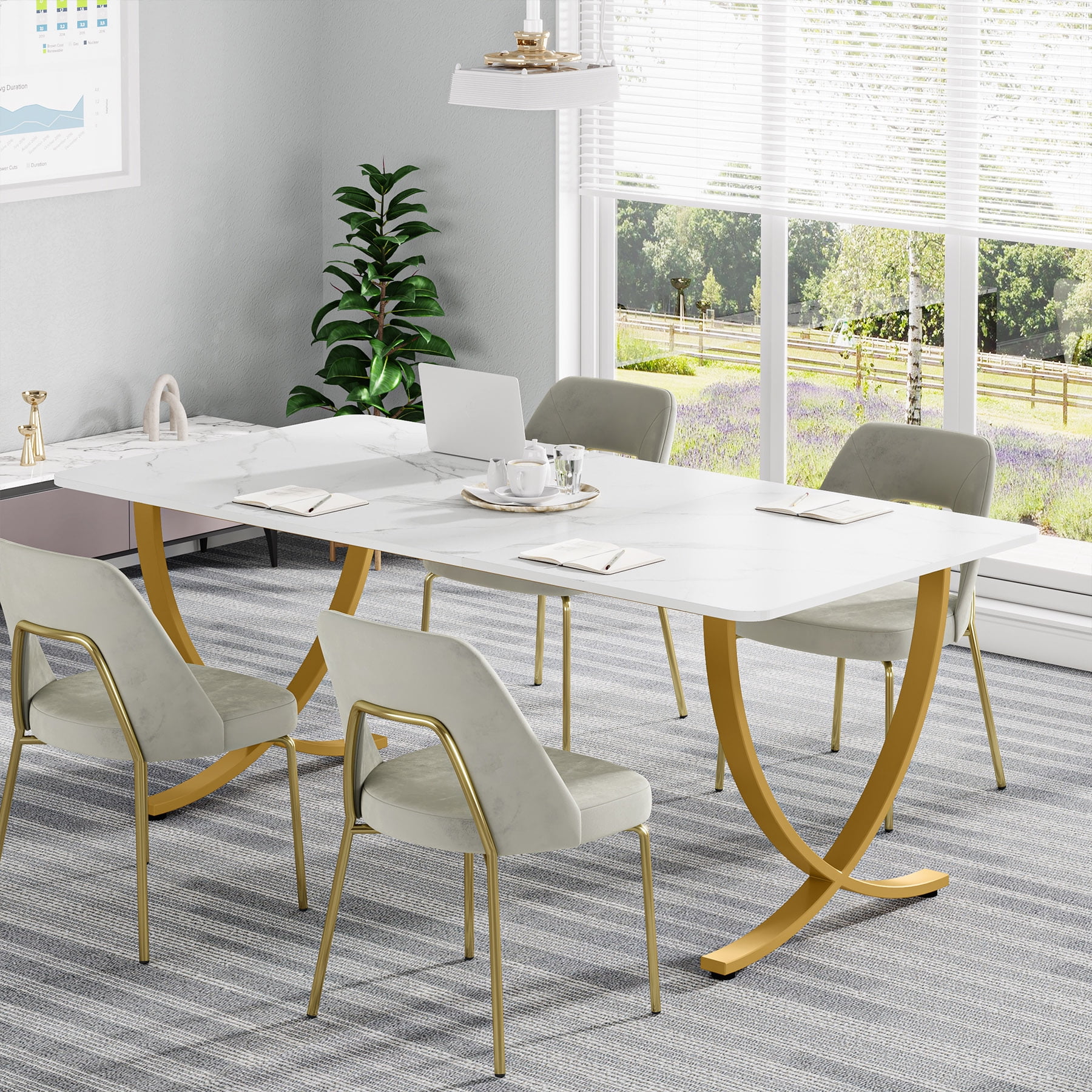 Finmind 63" Executive Desk, Large Office Desk with White & Gold Finish, Modern Computer Desk for Home Office, Conference Room