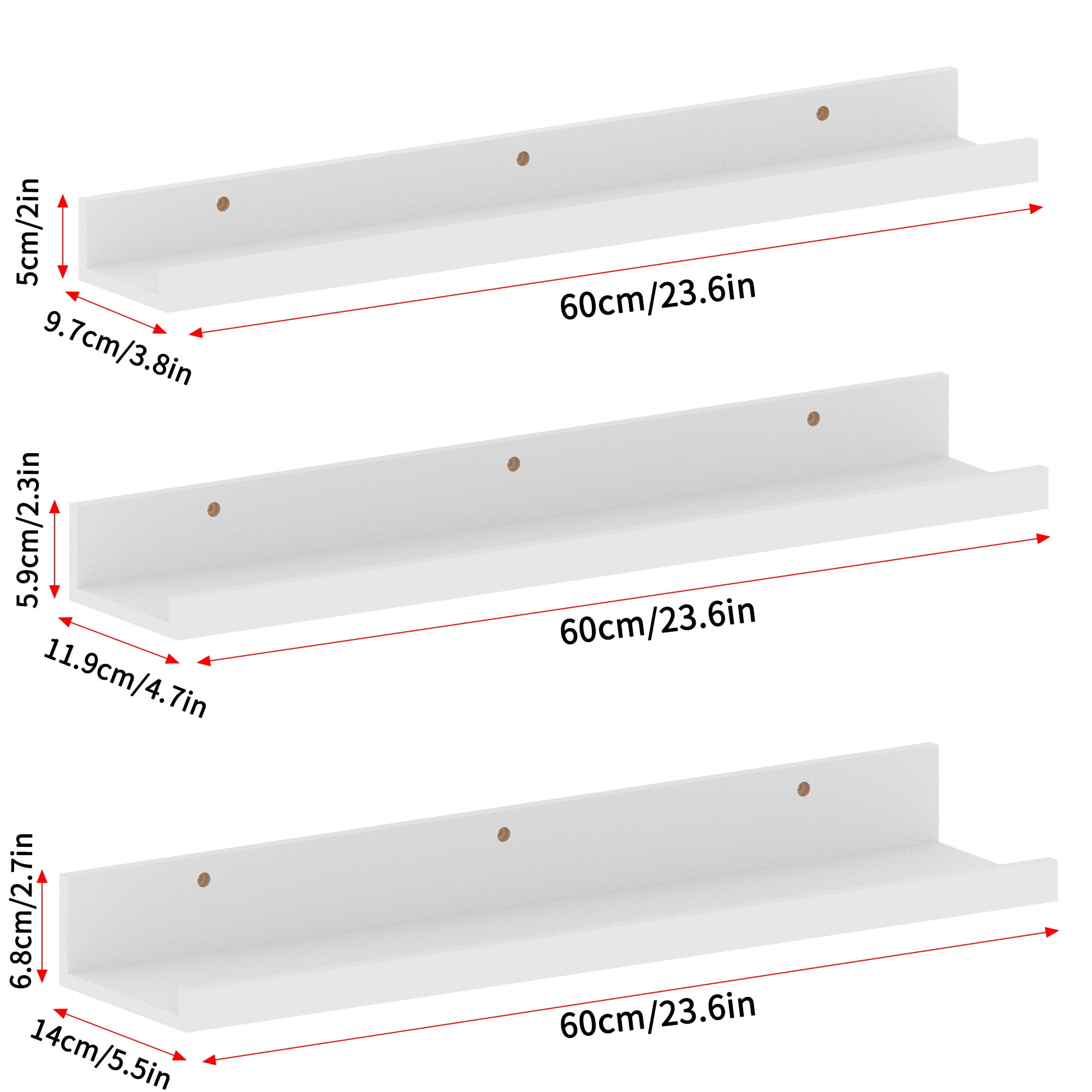 24 Inch Floating Shelves for Wall Mount, Modern Ledge Shelf for Bathroom Bedroom Living Room Kitchen Nursery Storage, Set of 3 Different Sizes, White