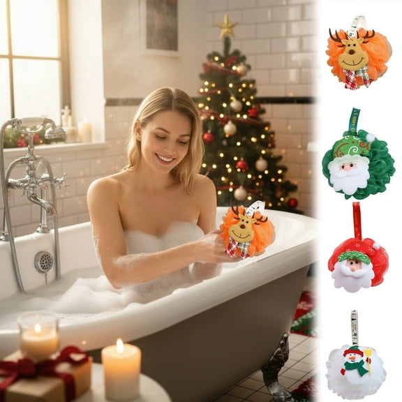KOYPTL 4 Pcs Christmas Shower Loofah for Kids Adults,Christmas Character Bath Sponges Mesh Balls for Wash Xmas Bathroom Decoration,Cleaning Bathing Accessories,Gift for Christmas Stocking Stuffers