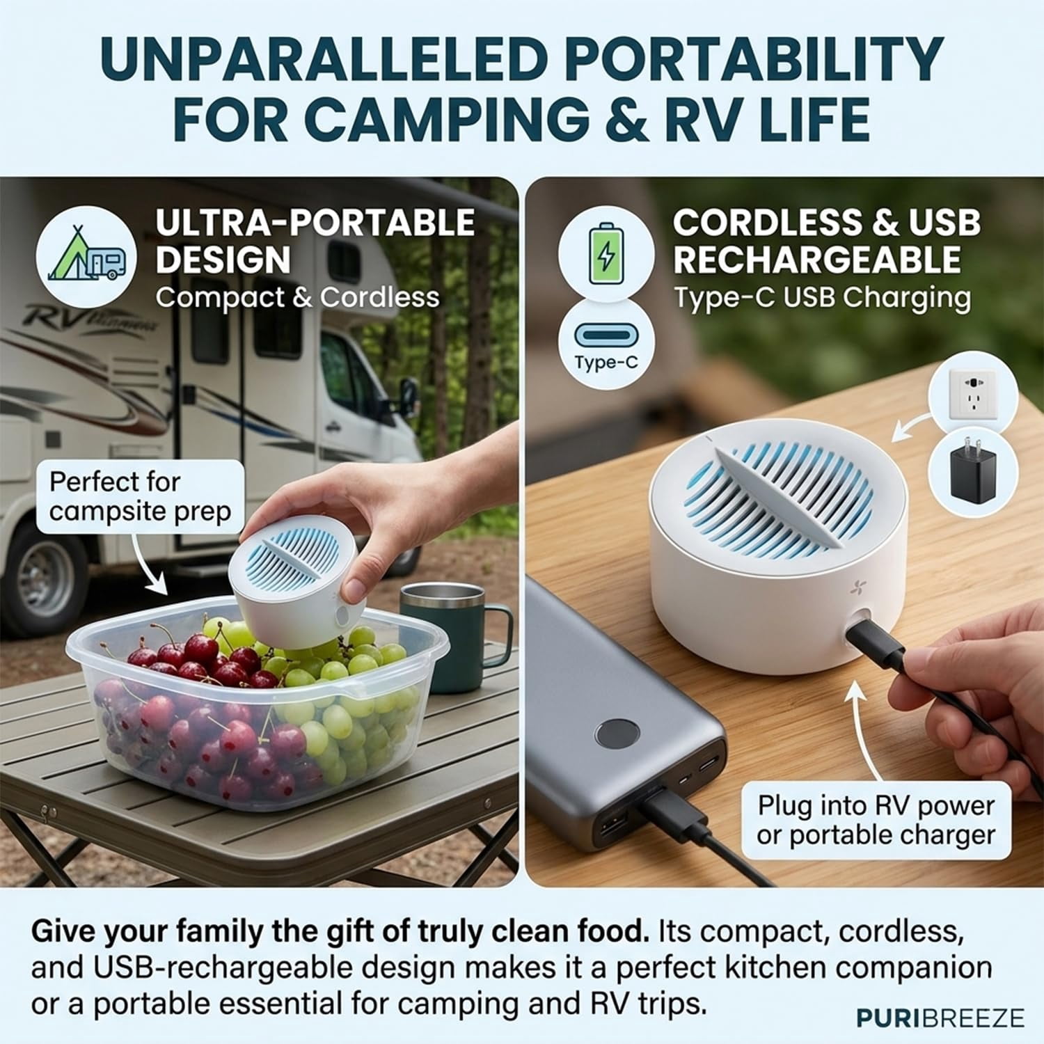Puribreeze Produce Cleaner, Hydroxyl Ion Fruit & Vegetable Washer,  Cordless Rechargeable Cleaner, IPX7 Waterproof Portable 5-Minute Automatic Produce Washing Machine, Deep Cleaning Surface Residues