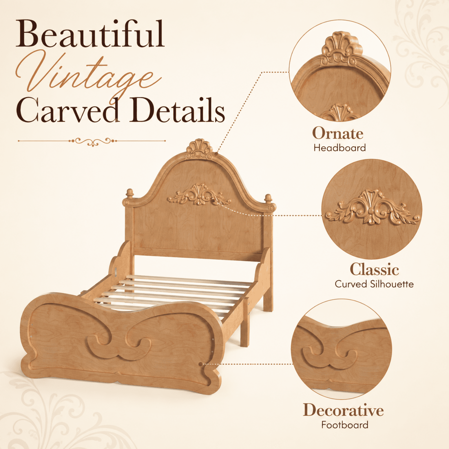 Miniyam Twin Size Kids Platform Bed Frame with Carved Headboard and Footboard, Wood Bed, Natural