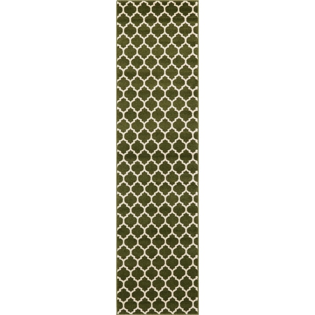 Unique Loom 3116353 Moroccan Lattice Runner Rug, 2' 7" x 10', Dark Green/Beige