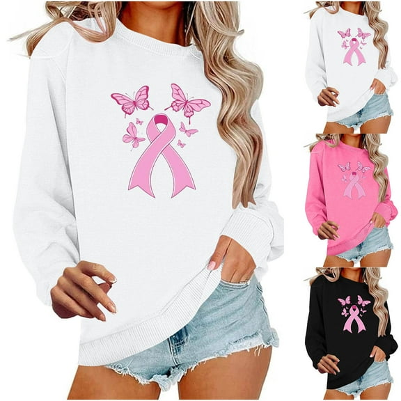 Olyvenn Breast Cancer Sweatshirts for Women Pink Ribbon Support Long Sleeve T Shirts Cancer Awareness Graphic Tee Tops Black S