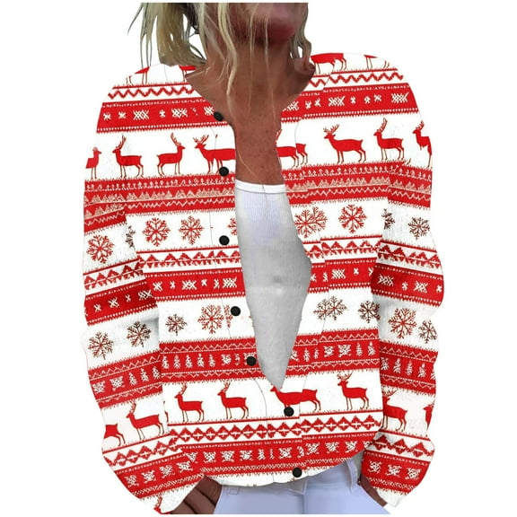 SuTry Womens Tops Christmas Printed Button Shirt Long Sleeve Plush Lined Warm Top Fall Winter Fashion Coat Christmas Gifts(Red,3XL)