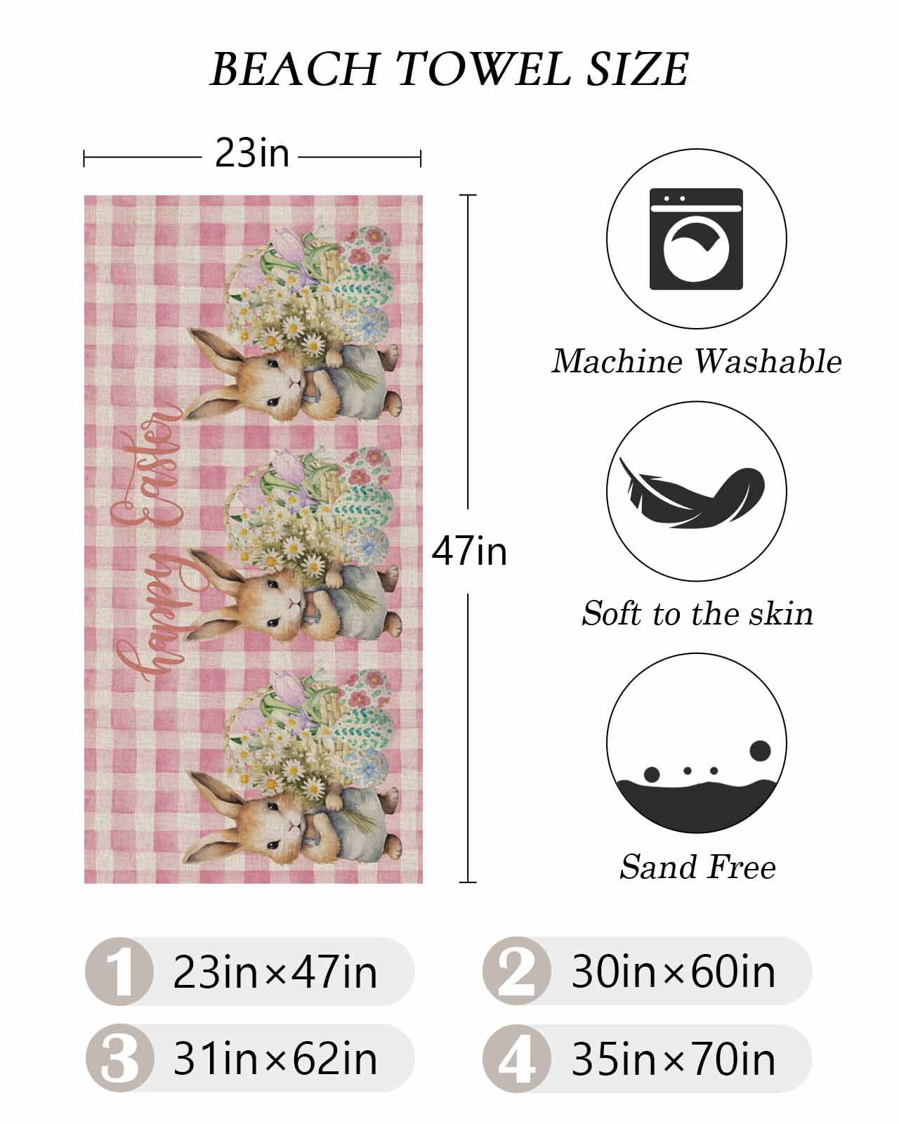 Easter Day, Beach Towels Oversized Super Absorbent, Easter Bunny Easter Eggs Daisy Plaid Pink Lightweight Bath Towel Quick Dry Sets For Bathroom/Pool/Rv Camping/Beach Play/Gym Room/Picnic 30"x60"
