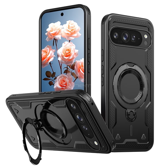 For Google Pixel 10 Pro / Pixel 10 Magnetic Magsafe Wireless Charge Ring Kickstand Shockproof Protective Hybrid Case Cover Black