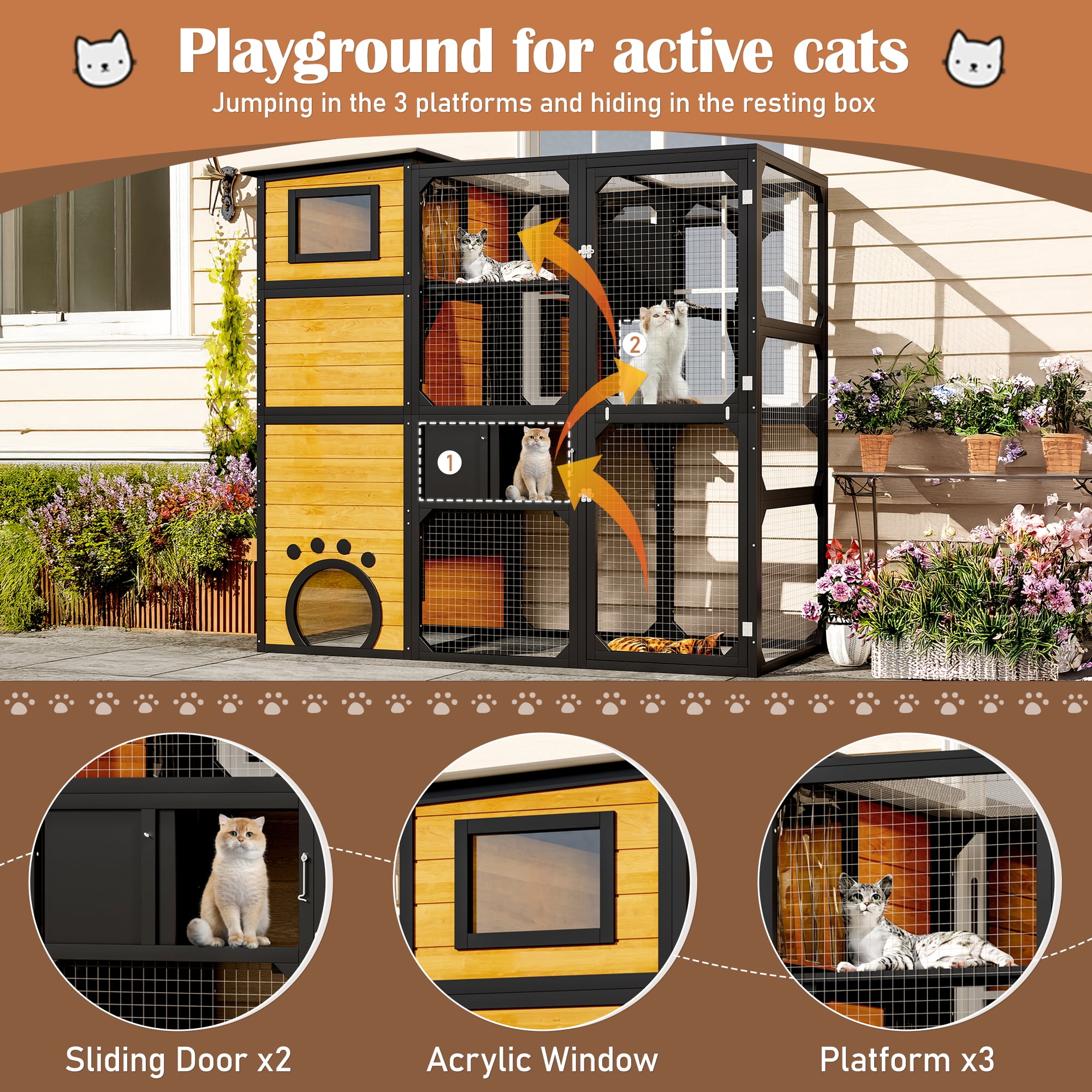 YIORTWO Large Outdoor Catio, 4-Tier Wooden Cat Enclosure Attached to Window, Weatherproof Cat House with Platforms & Resting Rooms, Brown&Black