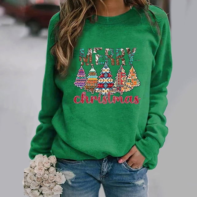 Qertyioot Chandail d'Hiver pour Femme à Imprimé de Noël, Manches Longues, Col Rond, Chaud, Ample, Tendance, Tricoté