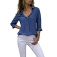 thumbnail image 2 of Women Lapel Button Down Chiffon Shirts Solid Color Office Blouse Casual Long Sleeve Tops Blue M, 2 of 8