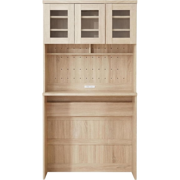 35.4" Kitchen Storage Cabinet with Glass Door and Trash Can Space, Multi-Functional Pantry Hutch Microwave Stand for Small Kitchen, Natural/White
