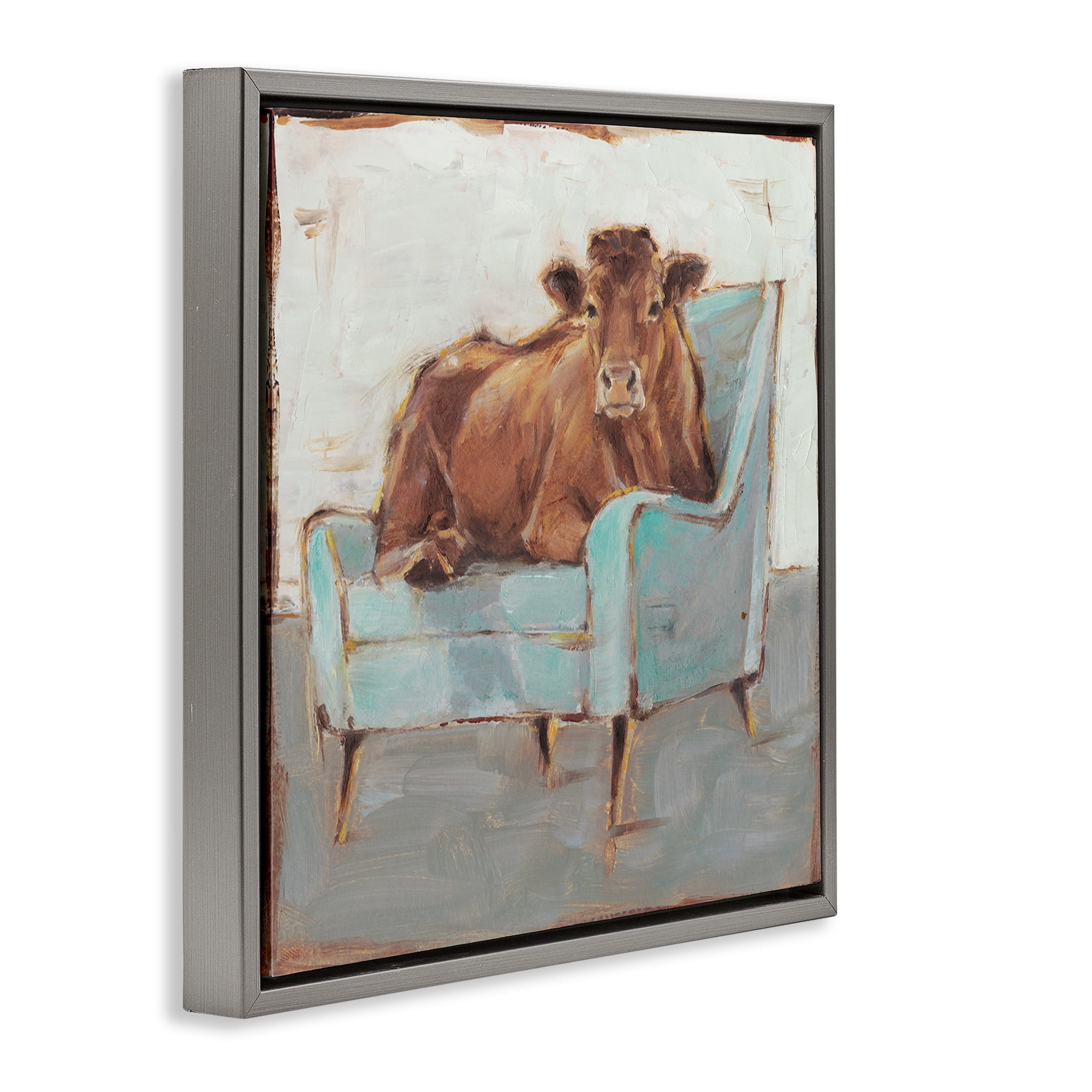 Stupell Industries Bull on Blue Couch Animals & Insects Painting Gray Floater Framed Canvas Art Print Wall Art, 18 x 18