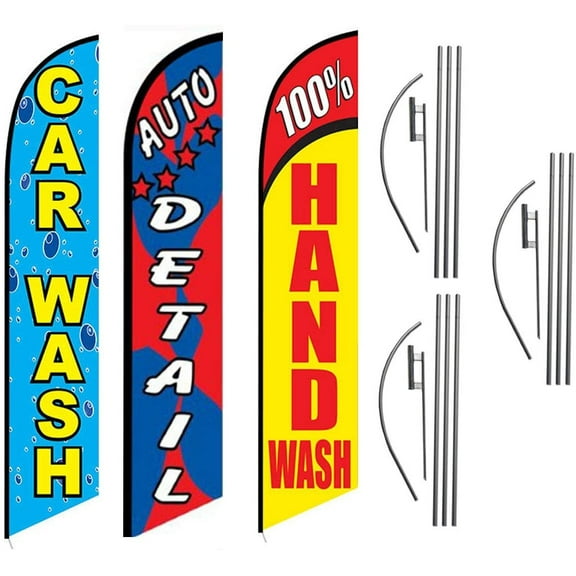 Car Wash Auto Detail 100% Hand Wash Package of 3 Advertising Feather Banner Swooper Flag Kits with Ground Spikes